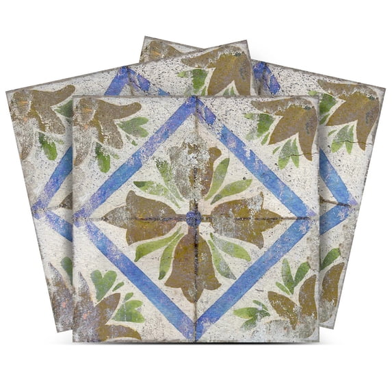 Mi Alma Peel & Stick Tiles - Brown Blue Vintage Flower Vinyl Backsplash 12x12