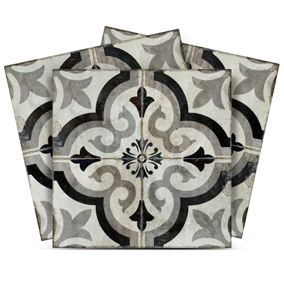 Mi Alma Peel & Stick Tiles - Gray/Black Vintage Floral Vinyl Backsplash 12x12