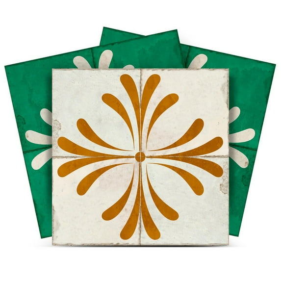 Mi Alma Peel & Stick Tiles - Green Beige Gold Vintage Flower Vinyl Backsplash 12x12