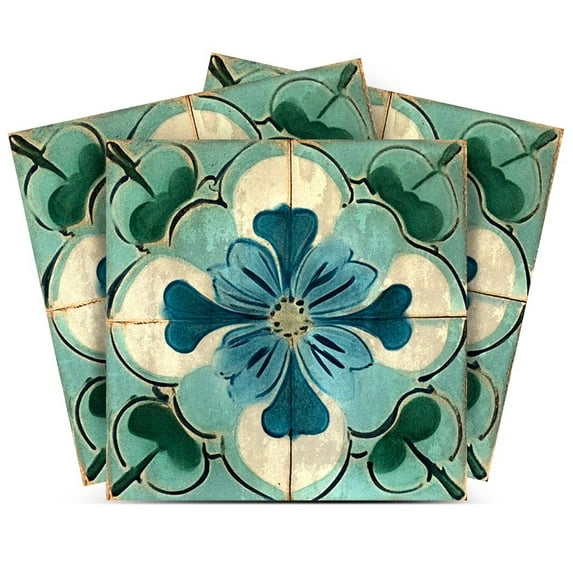 Mi Alma Peel & Stick Tiles - Green Blue Flower Vinyl Backsplash 12x12