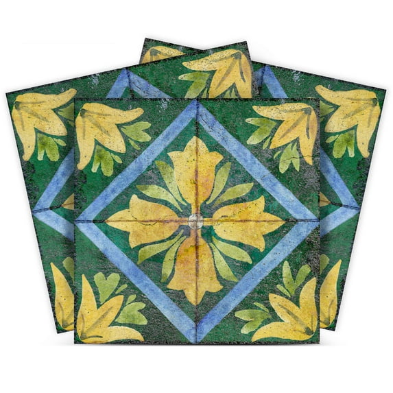 Mi Alma Peel & Stick Tiles - Green Yellow Vintage Flower Vinyl Backsplash 12x12