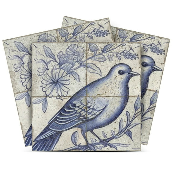 Mi Alma Peel and Stick Delft Vintage Bird D24 Vinyl Tile Stickers, Light Blue, 12" x 12" (24-Pack)