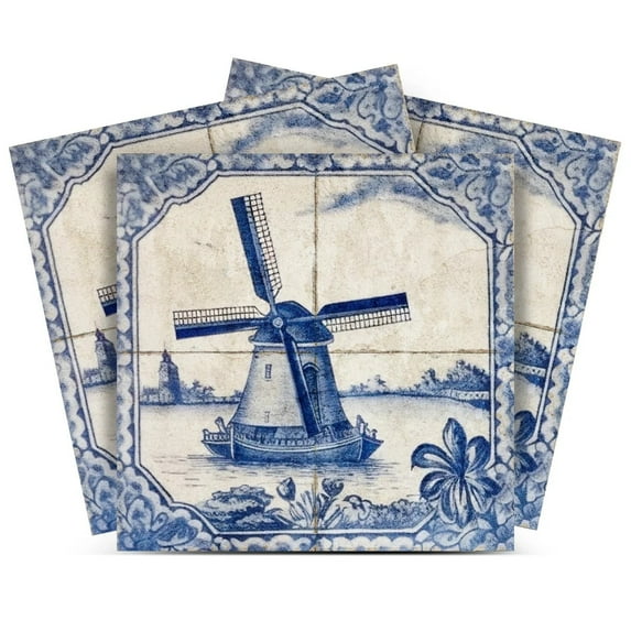 Mi Alma Peel and Stick Delft Windmill Vintage D28 Backsplash Vinyl Stick On Tiles, Light Blue, 7" x 7" (24-Pack)