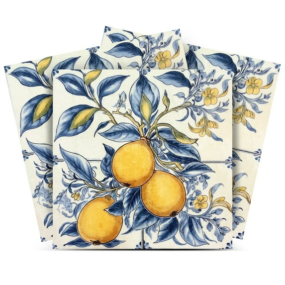 Mi Alma Peel and Stick Lemon Beautiful Vintage Rustic Sorrento L26 Backsplash Vinyl Stick On Tiles, Light Steel Blue/Yellow, 8" x 8" (24-Pack)
