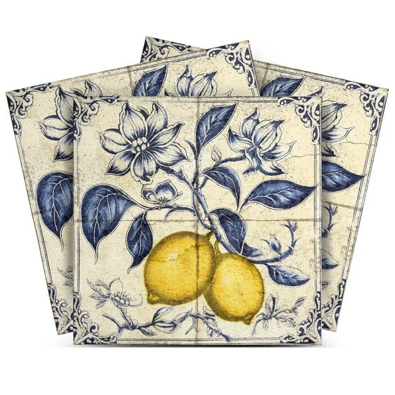 Mi Alma Peel and Stick Lemon Vintage Rustic Removable L24 Vinyl Tile Stickers, Beige/Blue/Yellow, 12" x 12" (24-Pack)