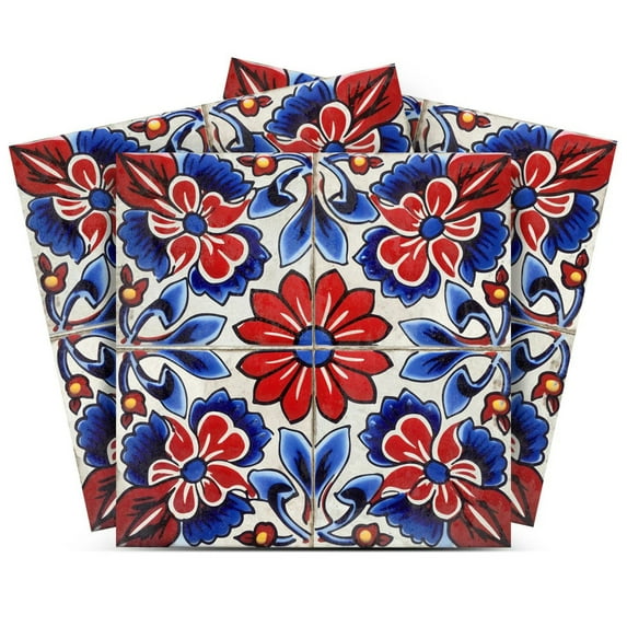 Mi Alma Red Blue Mexican Floral Peel & Stick Vinyl Backsplash Tiles 5x5, 24 pcs