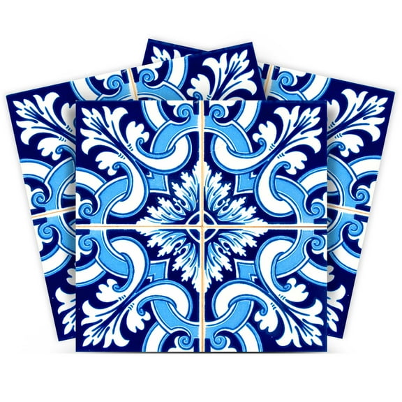 Mi Alma Removable Vinyl Abstract Blue Backsplash Tile Stickers, 24pcs