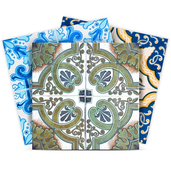 Mi Alma Removable Vinyl Abstract Blue Green Backsplash Tile Stickers, 24pcs