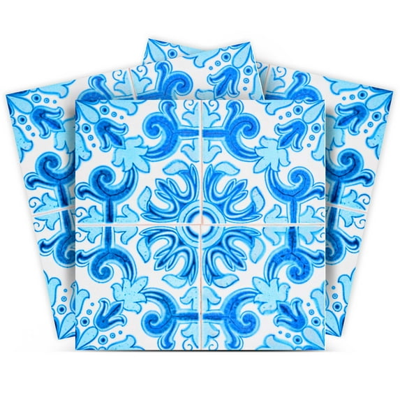 Mi Alma Removable Vinyl Abstract Blue White Backsplash Tile Stickers, 24pcs