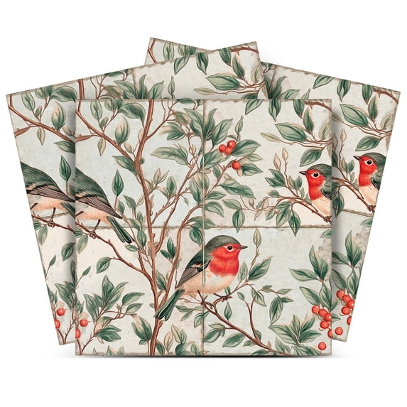 Mi Alma Removable Vinyl Birds Green Red Backsplash Tile Stickers, 24pcs