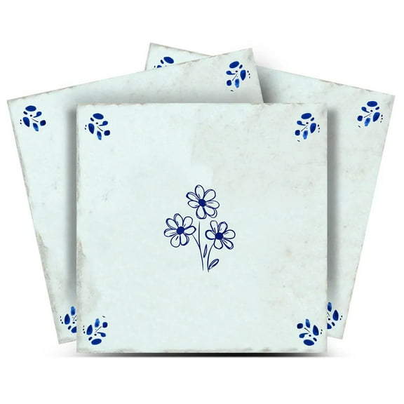 Mi Alma Removable Vinyl Blue Floral Backsplash Tile Stickers, 24pcs