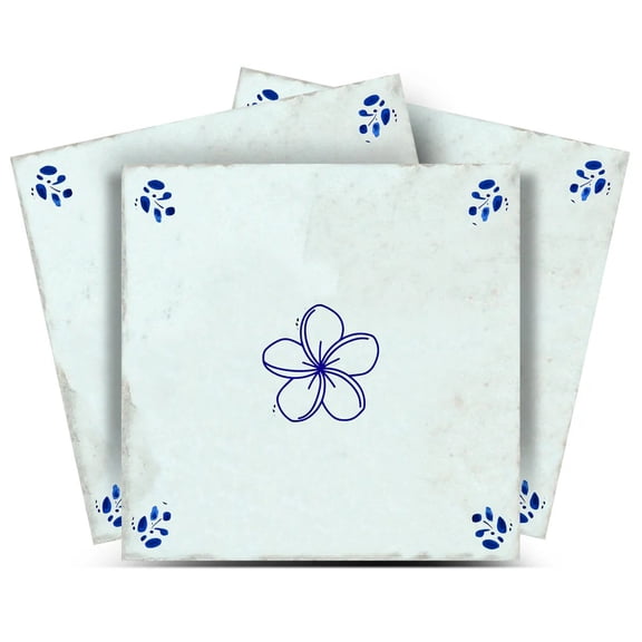 Mi Alma Removable Vinyl Blue Floral Backsplash Tile Stickers, 24pcs