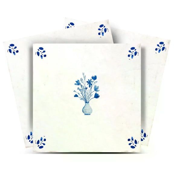 Mi Alma Removable Vinyl Blue Flower Backsplash Tile Stickers, 24pcs