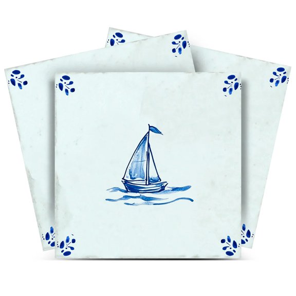 Mi Alma Removable Vinyl Boat Blue Backsplash Tile Stickers, 24pcs