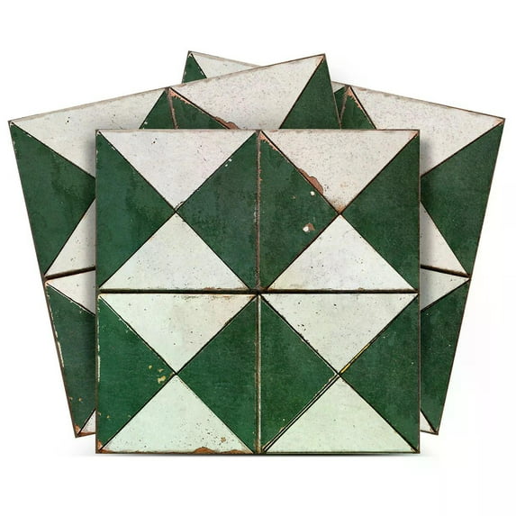 Mi Alma Removable Vinyl Dark Green White Rhombus Rustic Backsplash Tile Stickers, 24pcs