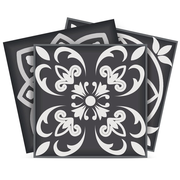 Mi Alma Removable Vinyl Floral Black Backsplash Tile Stickers, 24pcs