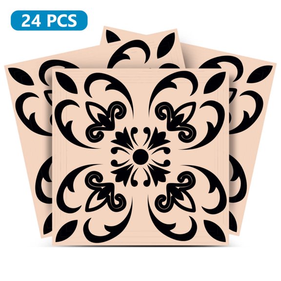 Mi Alma Removable Vinyl Floral Black Backsplash Tile Stickers, 24pcs
