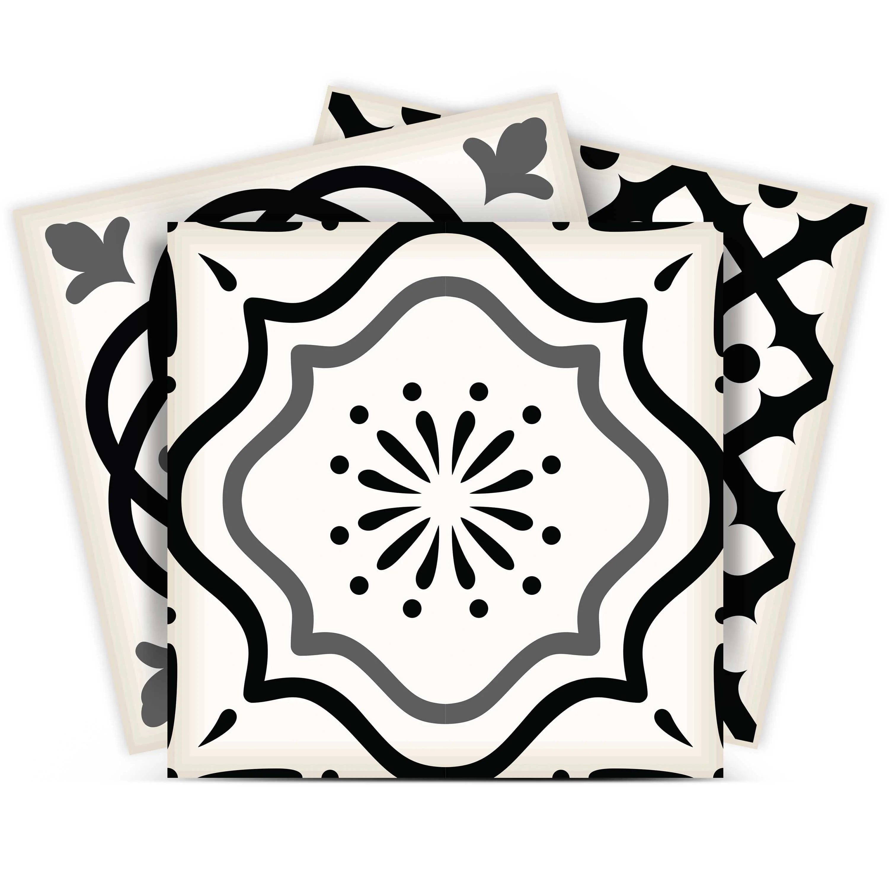 Mi Alma Removable Vinyl Floral Black White Backsplash Tile Stickers, 24pcs