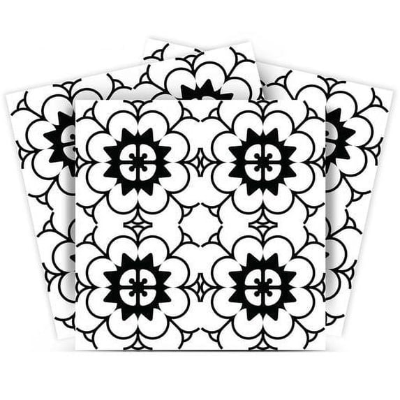 Mi Alma Removable Vinyl Floral Black White Backsplash Tile Stickers, 24pcs