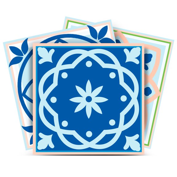 Mi Alma Removable Vinyl Floral Blue Backsplash Tile Stickers, 24pcs