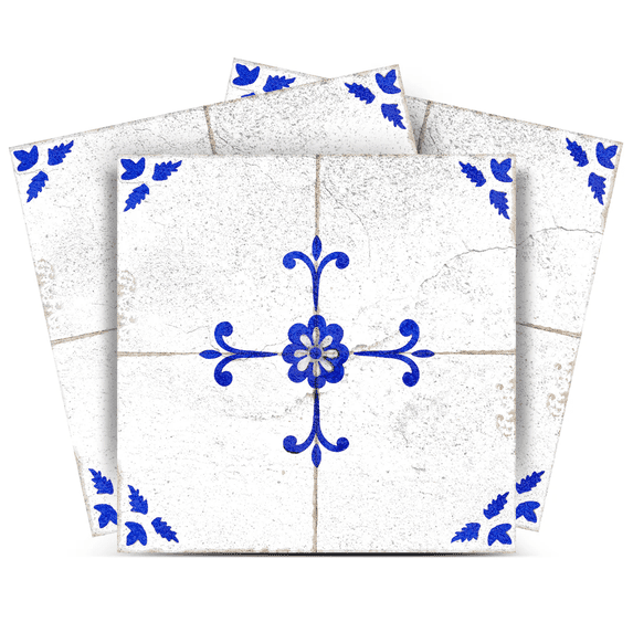 Mi Alma Removable Vinyl Floral Blue Backsplash Tile Stickers, 24pcs