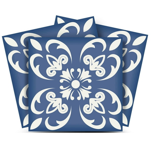 Mi Alma Removable Vinyl Floral Blue Backsplash Tile Stickers, 24pcs