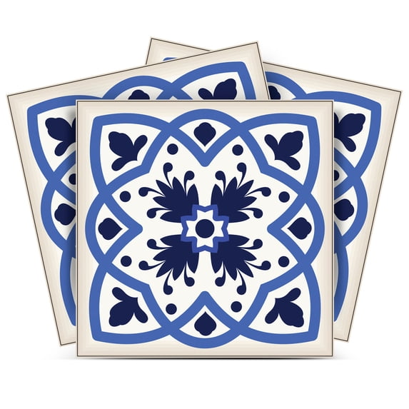 Mi Alma Removable Vinyl Floral Blue Backsplash Tile Stickers, 24pcs