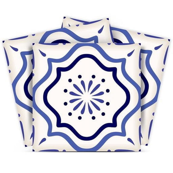 Mi Alma Removable Vinyl Floral Blue Backsplash Tile Stickers, 24pcs