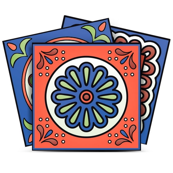 Mi Alma Removable Vinyl Floral Blue Red Backsplash Tile Stickers, 24pcs