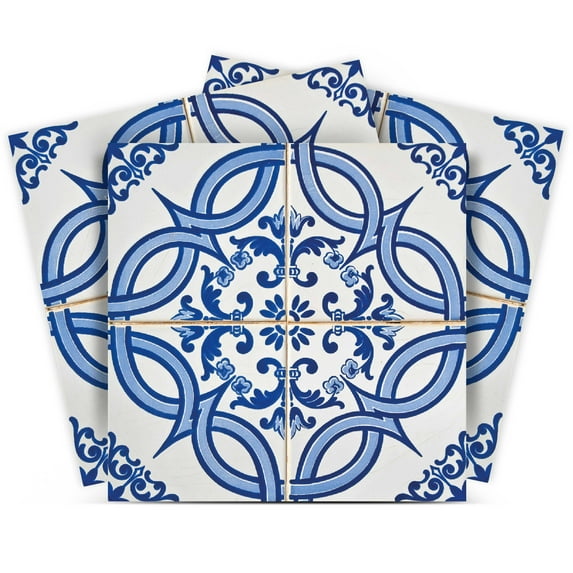 Mi Alma Removable Vinyl Floral Blue White Backsplash Tile Stickers, 24pcs