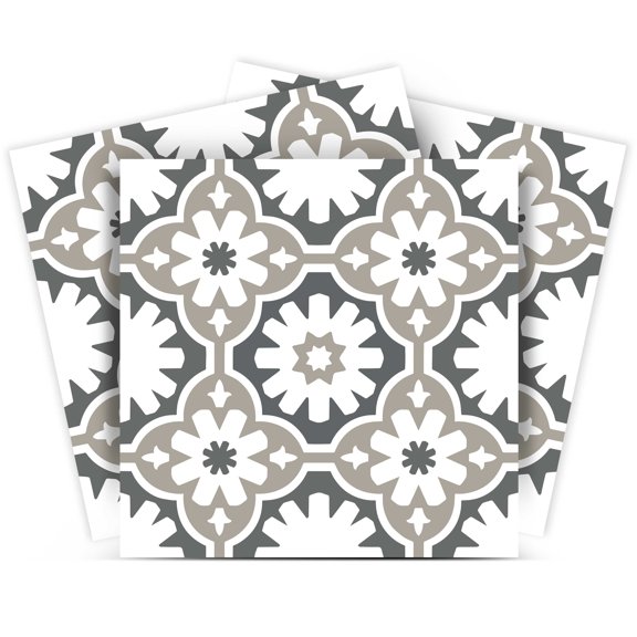 Mi Alma Removable Vinyl Floral Gray White Backsplash Tile Stickers, 24pcs