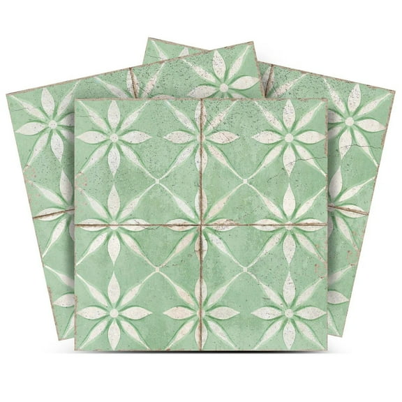 Mi Alma Removable Vinyl Floral Green Backsplash Tile Stickers, 24pcs