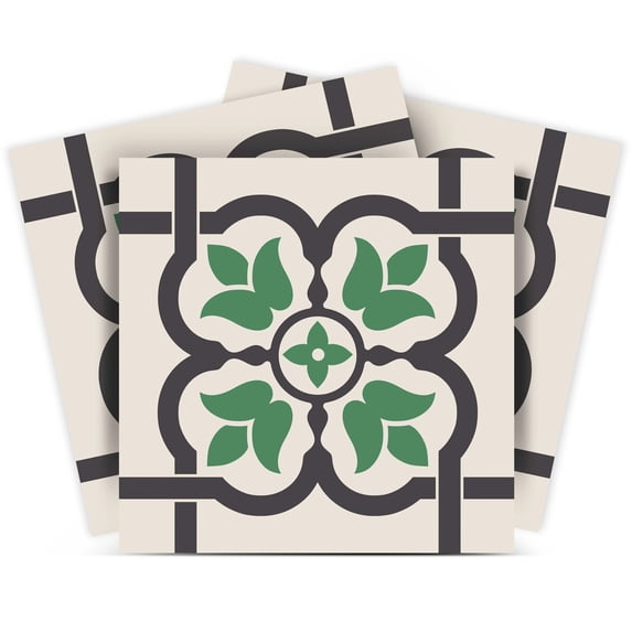 Mi Alma Removable Vinyl Floral Green Gray Backsplash Tile Stickers, 24pcs