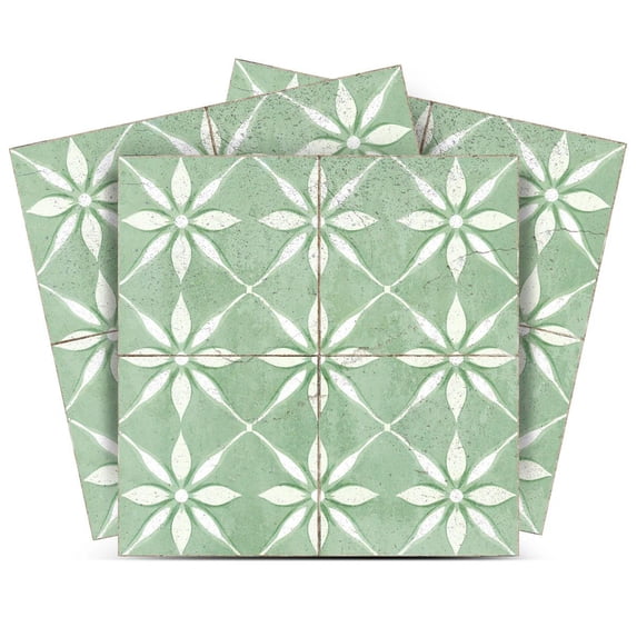 Mi Alma Removable Vinyl Floral Green White Backsplash Tile Stickers, 24pcs