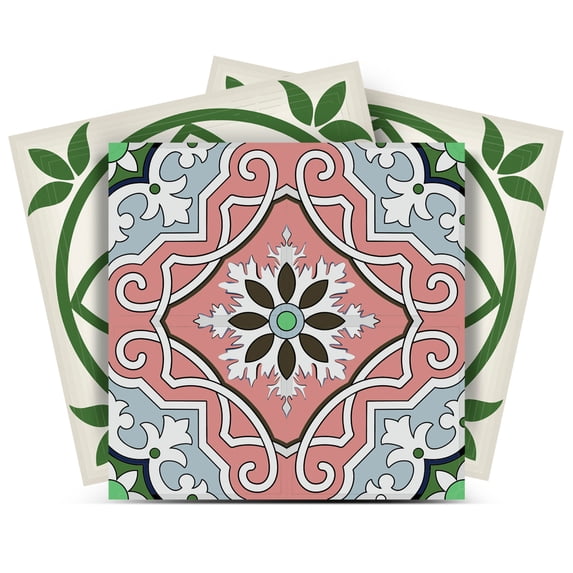 Mi Alma Removable Vinyl Floral Pink Green Backsplash Tile Stickers, 24pcs