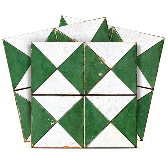 Mi Alma Removable Vinyl Green White Rhombus Rustic Backsplash Tile Stickers, 24pcs