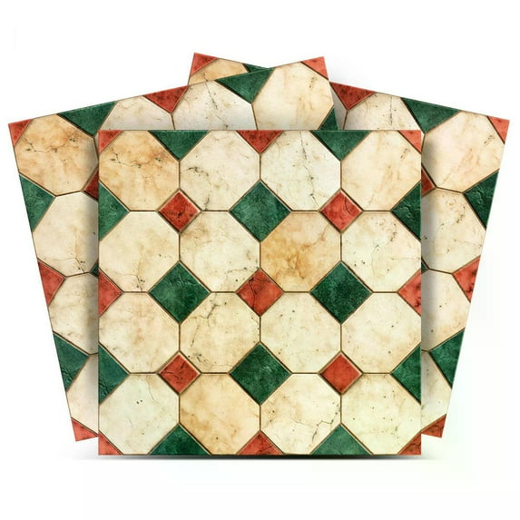 Mi Alma Removable Vinyl Red and Green Vintage Backsplash Tile Stickers, 24pcs