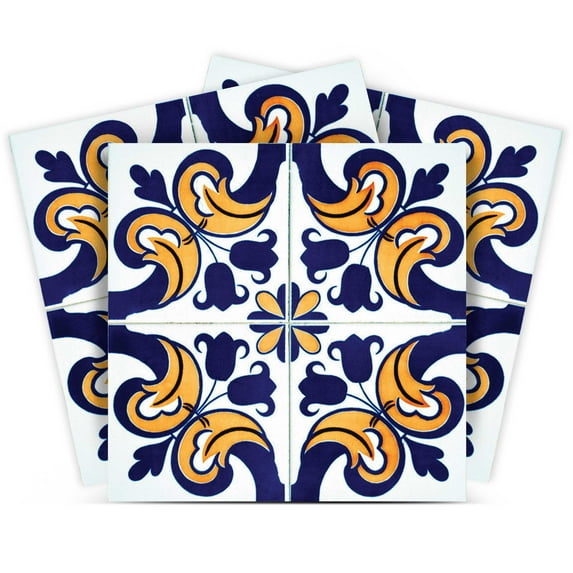 Mi Alma Removable Vinyl Retro Blue Yellow Backsplash Tile Stickers, 24pcs