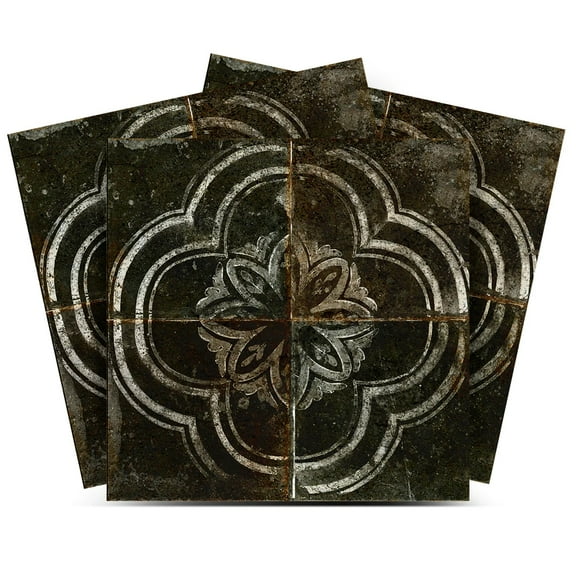 Mi Alma Removable Vinyl Rustic Flower Black Gray Backsplash Tile Stickers, 24pcs