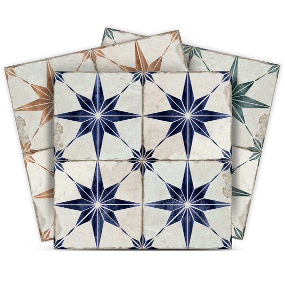 Mi Alma Removable Vinyl Star Shaped Blue Teal Brown Backsplash Tile Stickers, 24pcs