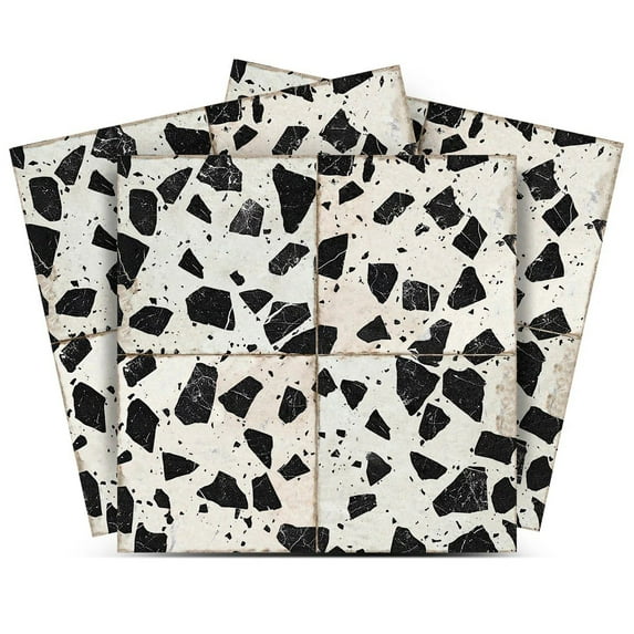 Mi Alma Removable Vinyl Terrazzo Black White Backsplash Tile Stickers, 24pcs