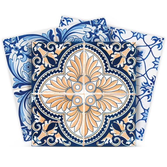 Mi Alma Removable Vinyl Vintage Blue Orange Backsplash Tile Stickers, 24pcs