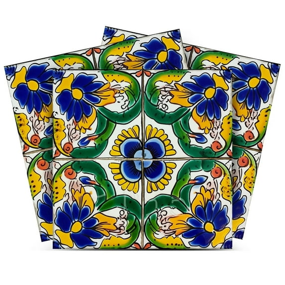 Mi Alma Removable Vinyl Vintage Floral Green Yellow Blue Backsplash Tile Stickers, 24pcs