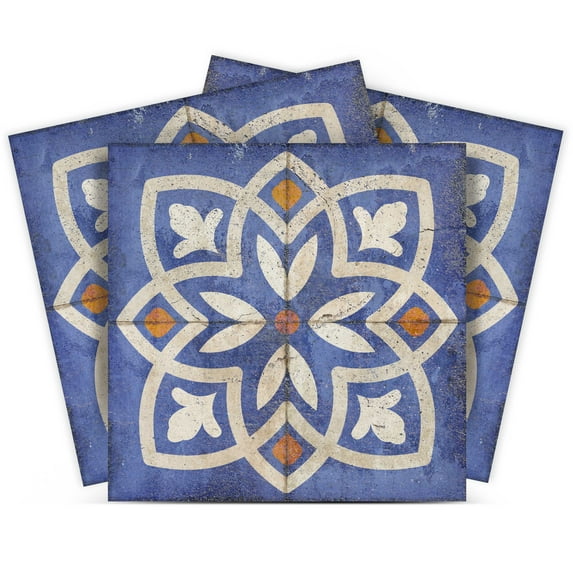 Mi Alma Removable Vinyl Vintage Flower Blue Ivory Orange Backsplash Tile Stickers, 24pcs