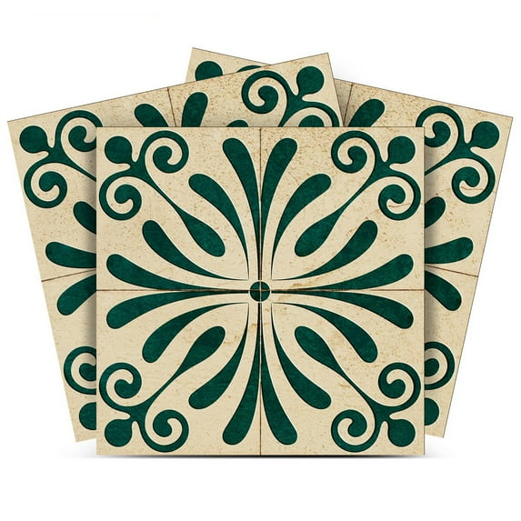 Mi Alma Removable Vinyl Vintage Flower Dark Green Backsplash Tile Stickers, 24pcs