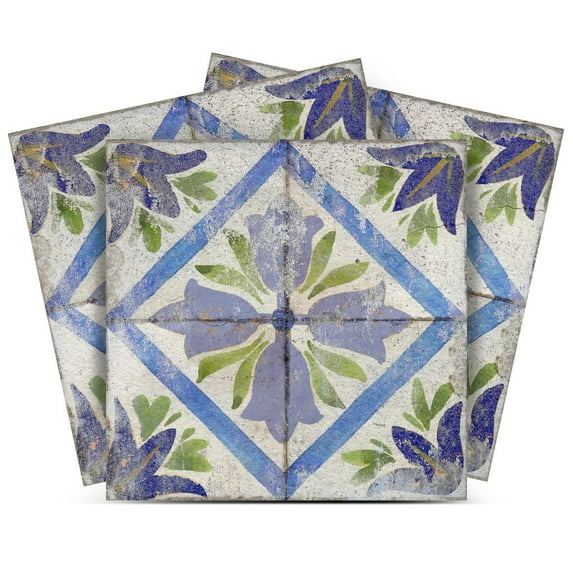 Mi Alma Removable Vinyl Vintage Flower Lavender Blue Backsplash Tile Stickers, 24pcs
