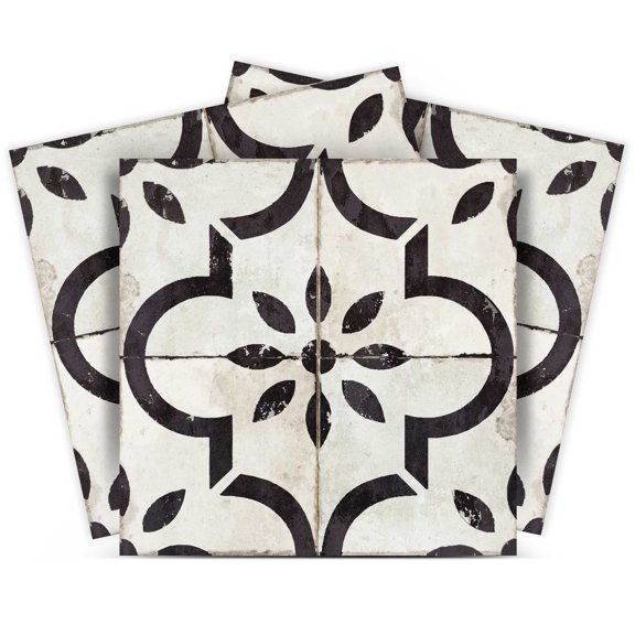 Mi Alma Removable Vinyl Vintage Flower White Black Backsplash Tile Stickers, 24pcs