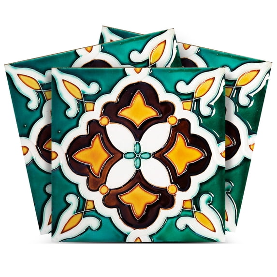 Mi Alma Removable Vinyl Vintage Retro Green Yellow Backsplash Tile Stickers, 24pcs