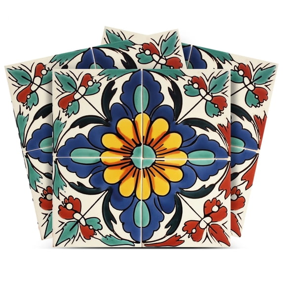 Mi Alma Retro Flower Green/Blue Tile Stickers - Removable Vinyl 4x4, 24 pcs