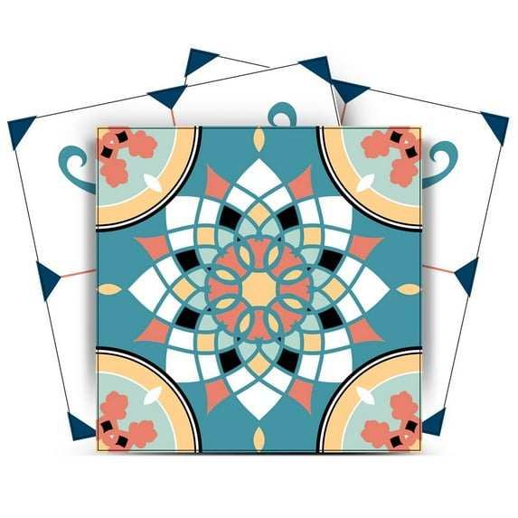 Mi Alma Teal/Blue/Brown Floral Peel & Stick Vinyl Backsplash Tiles 5x5, 24 pcs